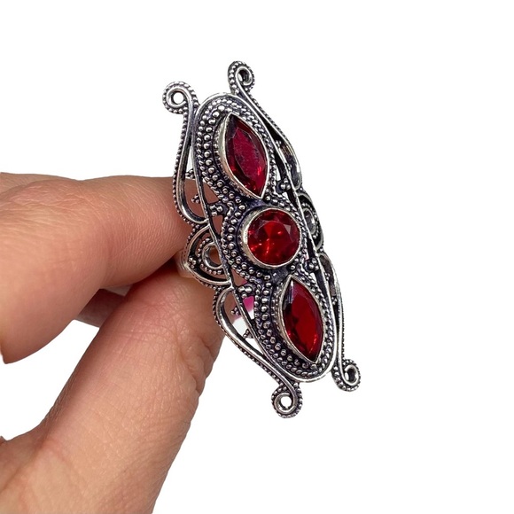 Garnet Ring Size 10.5 925 Sterling Silver Overlay Red Multi Stone Chunky Long - Picture 3 of 5